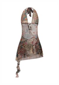 Vestido halter transparente con un diseño de estampado de leopardo y acentos florales. Tiene un escote en V profundo, un dobladillo con volantes y lazos en el cuello.