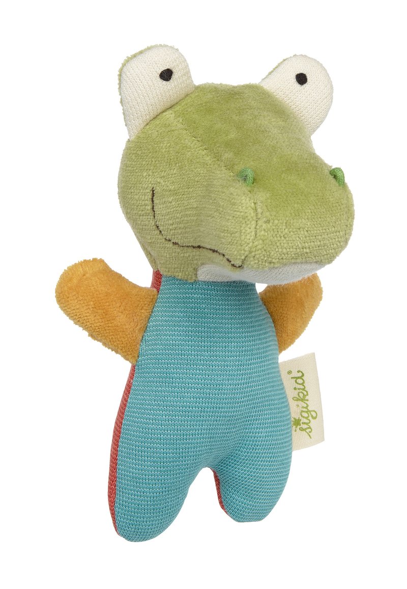 Green plush frog toy with large white eyes, an orange arms, and a blue body. Textured fabric with a tag attached at the bottom.