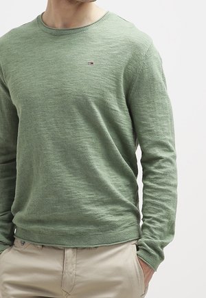 Man met een lichtgroene trui met ronde hals en klein logo op de borst en beige broek, handen in de zakken, tegen een effen achtergrond.