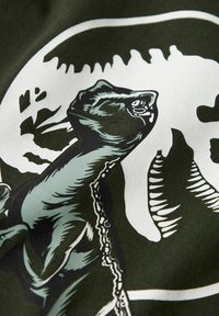 T-paita, jossa on dinosauruksen kuva vihreänä ja valkoisena tumman oliivinvihreällä taustalla, ja kankaassa on tekstuuripinta.