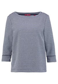 Marinblå och vit hounds-tooth mönstrad topp. Blandning av bomull, trekvartsärmar, vid halsringning och subtila fålldetaljer.
