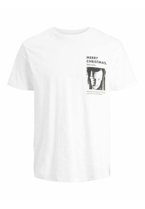 White T-shirt with black and white print of a man's face and text saying "Merry Christmas, little fella. We know you're in there and you're all alone."