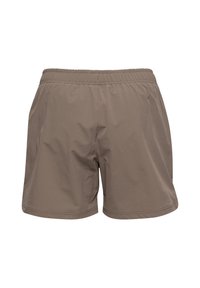 Bruna lätta shorts med elastisk midja, avslappnad passform och jämn textur. Inga synliga mönster eller detaljer.