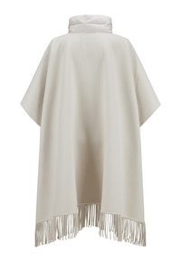 Beiger Poncho mit hohem Kragen und fransigem Saum. Hergestellt aus weichem Stoff, zeichnet er sich durch eine glatte Textur und ein übergroßes, drapiertes Design aus.