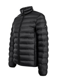 Czarna kurtka puchowa z wysokim kołnierzem, z pikowanym wzorem i pełnym zamkiem. Gładki, błyszczący materiał z elastycznymi mankietami i bocznymi kieszeniami.