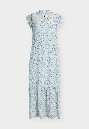 Ανοιχτό μπλε φόρεμα με λουλούδια μήκους μίντι, με βολάν στα μανίκια, άνοιγμα στο ντεκολτέ και φούστα με σούρες και στρώσεις.