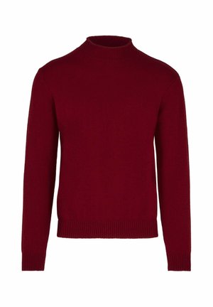 Maglione lungo a maniche con colletto alto, in maglia di colore bordeaux, con polsini e orlo a coste.