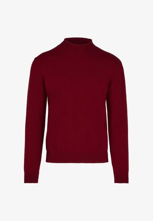 Maglione lungo a maniche con colletto alto, in maglia di colore bordeaux, con polsini e orlo a coste.