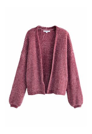 Knit cardigan in a deep pink hue, featuring a loose fit, ribbed texture, open front, and long sleeves with fitted cuffs.