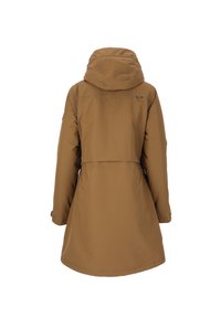 Brun, medellång huva jacka med en enkel design, som har en åtsittande midja, slät textur och justerbara ärmmuddar.