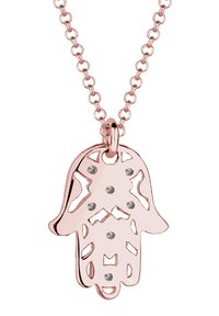 Roségoldenes Halsband mit einem ausgeschnittenen Hamsa-Anhänger, der mit sechs klaren Strasssteinen verziert ist, aufgehängt an einer zarten Kette.