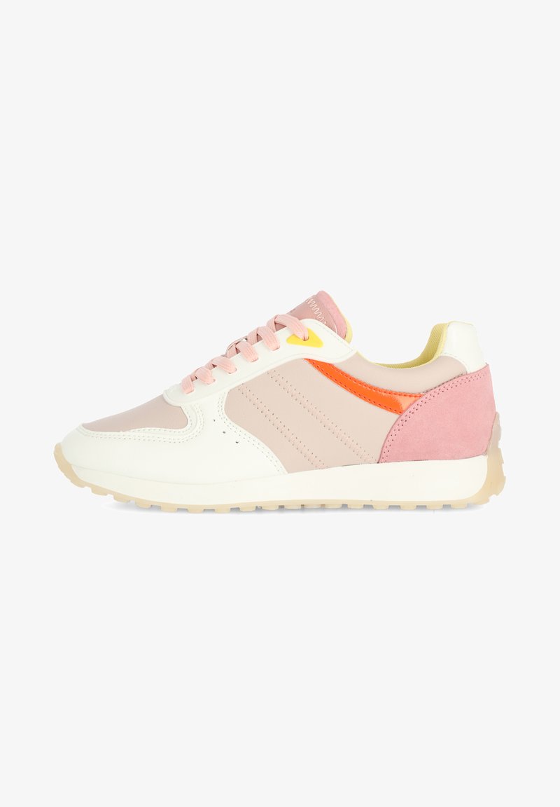 Sneakers i vitt, rosa och orange. Tillverkade av läder och mocka. Har snörningsdesign, vadderad krage och texturerad sula.