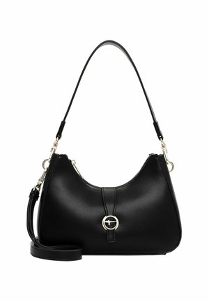 Bolso de hombro de cuero negro con cierre circular plateado y correa desmontable sobre fondo blanco.