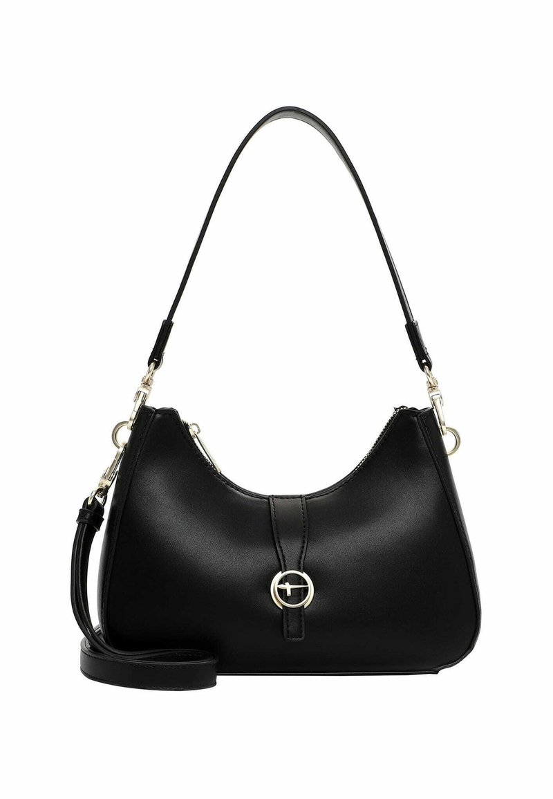 Sac à bandoulière en cuir noir avec fermoir circulaire argenté et sangle détachable sur fond blanc.