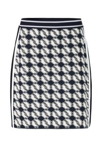 Knee-length black and white skirt with geometric interlocking pattern, striped waistband, and side stripe details.