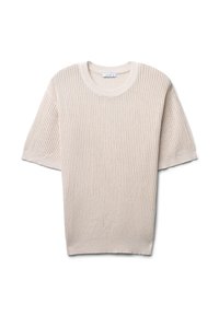 Maglione beige a righe con maniche corte e scollatura rotonda. Presenta una texture uniforme e una vestibilità rilassata. Tessuto testurizzato con una leggera lucentezza.