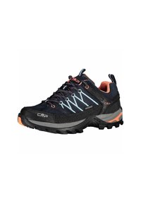 Schwarze und graue Wanderschuhe mit einer strukturierten Oberseite, wasserdichtem Design, hellblauen und orangefarbenen Akzenten, ausgestattet mit robusten Gummisohlen und Schnürsenkeln.