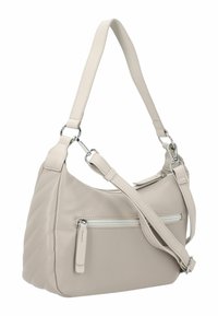 Borsa a spalla in pelle beige con lato testurizzato, tracolla regolabile e tasca frontale con zip e hardware in argento. Finitura superficie liscia.