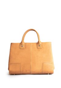 Tan leather tote bag with two top handles, rectangular shape, subtle stitching details, and square hardware accents on the sides.
