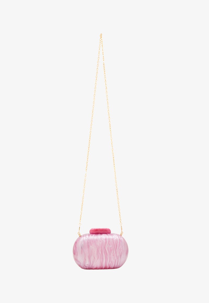 Pink marbled acrylic handbag with a round shape, gold chain strap, and a rounded top closure. Smooth texture with swirling patterns.