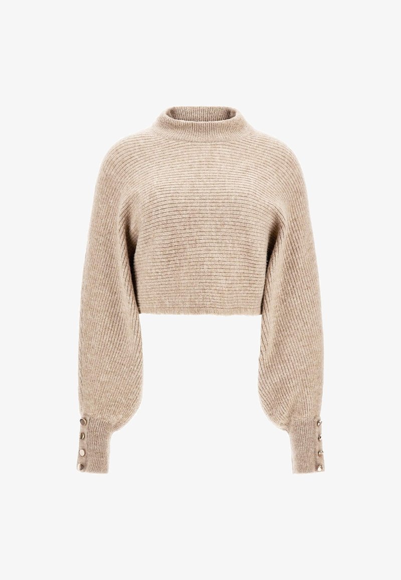 Pull court beige en maille côtelée avec col montant, manches longues volumineuses et détails de boutons aux poignets.