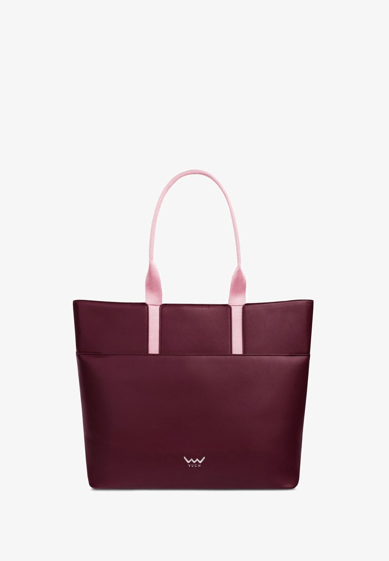 Burgundy faux leather tote bag with pink fabric handles, rectangular shape, and a logo centered on the bottom. Smooth texture, simple design.