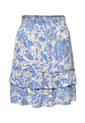 Modro-bílá květovaná vrstvená sukně s elastickým pasem a volánkem nad lemem.