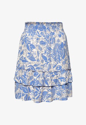 Modro-bílá květovaná vrstvená sukně s elastickým pasem a volánkem nad lemem.