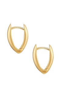 Zelta metāla auskari ar gludu, struktūru apdari un unikālu, atvērtu trīsstūra formu. Ar maziem, noapaļotiem akcentiem apakšā.