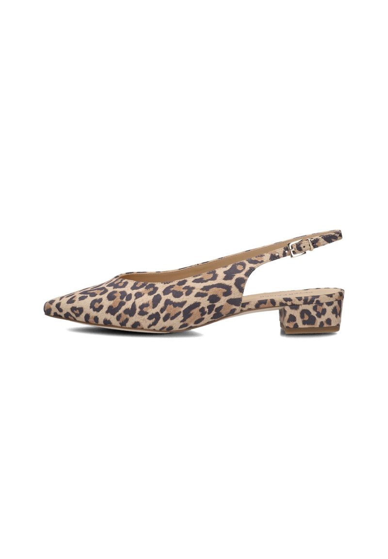 Leopardprint slingback flats met puntige neus, lage blokhak en verstelbare enkelband. Stoffen materiaal met een gladde textuur.