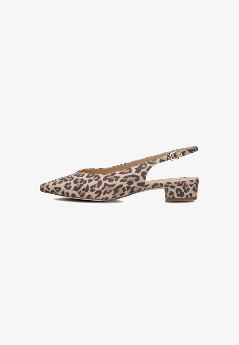 Leopardprint slingback flats met puntige neus, lage blokhak en verstelbare enkelband. Stoffen materiaal met een gladde textuur.