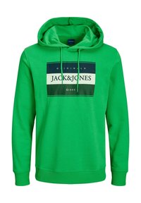 Jasně zelená mikina s kapucí, přední kapsou, šňůrkami a obdélníkovou nášivkou s nápisem "Jack & Jones Originals ©1990" na hrudi.