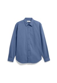 Blauwe langärmige overhemd met knopen en een klassieke kraag, gemaakt van gladde stof. Voorzien van een logo op de linkerkant van de borst en knoopsluiting aan de voorkant.