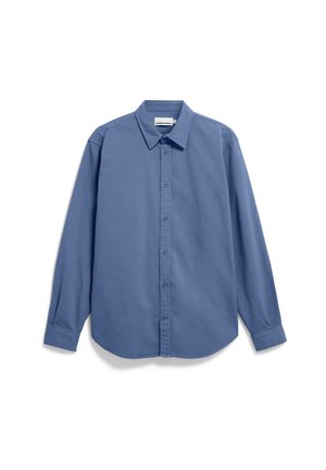 Blauwe langärmige overhemd met knopen en een klassieke kraag, gemaakt van gladde stof. Voorzien van een logo op de linkerkant van de borst en knoopsluiting aan de voorkant.