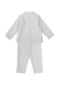 Conjunto de pijama ligero de cuadros en suave algodón. Presenta una parte superior de manga larga con cuello y pantalones a juego con cuadros en gris y azul claro.
