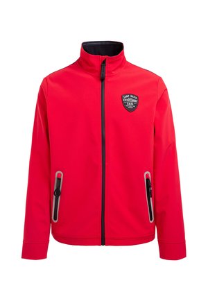 Rote Softshell-Jacke mit hohem Kragen, schwarzem Reißverschluss und zwei seitlichen Reißverschlusstaschen. Mit einem Logo-Patch auf der linken Brust.