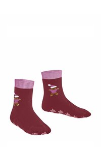 Bordowe dziecięce skarpetki z różowym ściągaczem, zdobione wzorem piernikowego ludka i śnieżynkami na podeszwie.