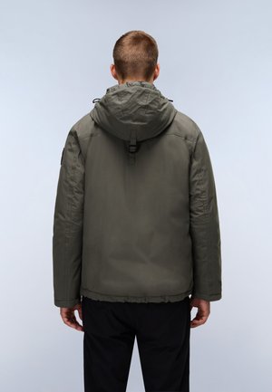 Olive green puffer jacket with a hood, stitched seams, and a cinched waist. Features a loop for secure hanging at the back and hidden pockets.