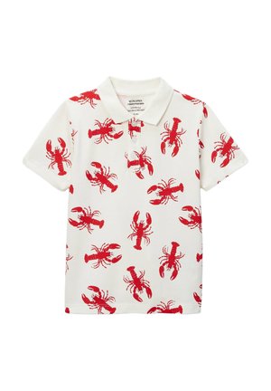 Polo blanc à manches courtes avec des imprimés de homards rouges partout, doté d’une patte à trois boutons et d’un col pointu.