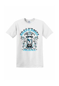 Hvid bomulds t-shirt med et grafisk design, der viser et timeglas, roser og teksten "GUNS N' ROSES PATIENCE" i blå og sort.