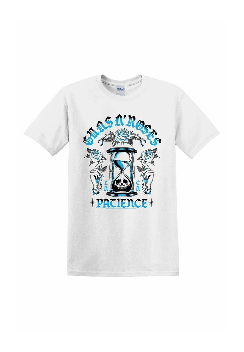 Hvid bomulds t-shirt med et grafisk design, der viser et timeglas, roser og teksten "GUNS N' ROSES PATIENCE" i blå og sort.