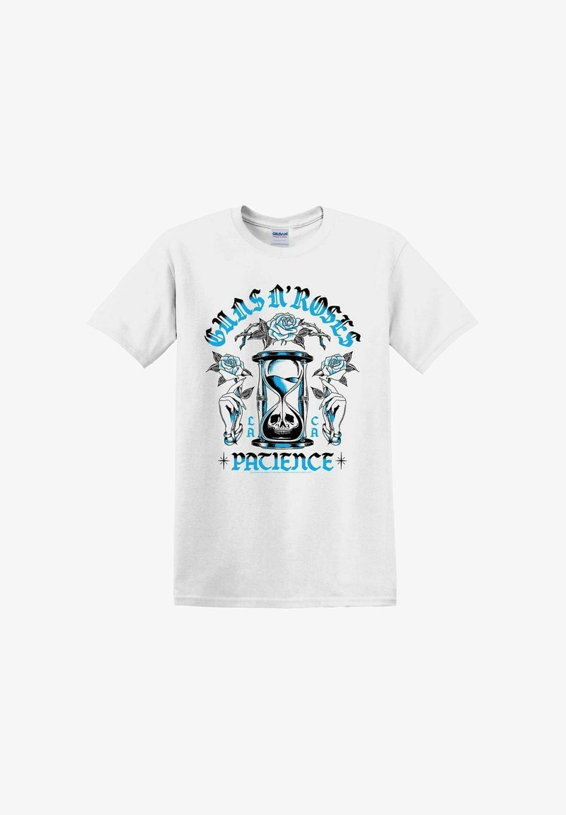 Weißes Baumwoll-T-Shirt mit einem grafischen Design, das eine Sanduhr, Rosen und den Text "GUNS N' ROSES PATIENCE" in Blau und Schwarz zeigt.