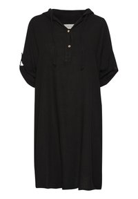 Svart huva tunika klänning i lättviktig tyg. Har en framknapplista, korta uppviftade ärmar och justerbar dragskohed.