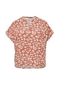 Kurzärmlige Bluse mit V-Ausschnitt in Koralle mit einem weißen Leopardenmuster. Leichter Stoff mit lockerer Passform und seitlichen Schlitzen.