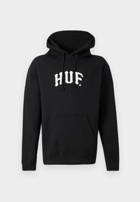 Sort sweatshirt med hætte, med et hvidt "HUF" logo centreret på brystet. Inkluderer en frontlomme og ribbede manchetter og bund.