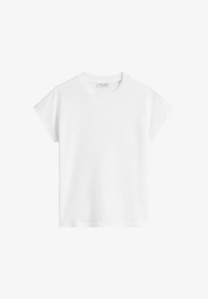 Biała koszulka z krótkim rękawem wykonana z bawełny. Posiada luźny krój, okrągły dekolt oraz lekko opuszczone szwy ramion. Brak wzorów lub dodatkowych akcentów.