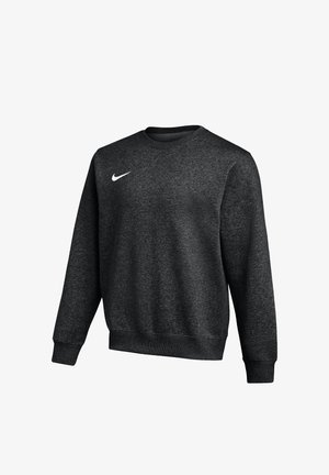Dunkelgraues Sweatshirt mit rundem Ausschnitt und langen Ärmeln, mit gerippten Bündchen und Saum sowie einem kleinen weißen Nike-Swoosh auf der oberen linken Brust.