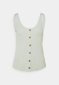 Světle zelený žebrovaný top na ramínka s kulatým výstřihem a sedmi zlatými knoflíky uprostřed. Bez bočních švů, rovný střih na spodním okraji.