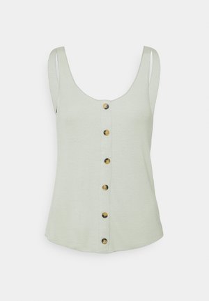 Hellgrünes, geripptes Tanktop mit Rundhalsausschnitt und sieben goldfarbenen Knöpfen in der Mitte. Keine Seitennähte, gerade Passform am Saum.