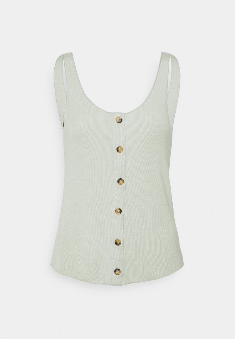 Světle zelený žebrovaný top na ramínka s kulatým výstřihem a sedmi zlatými knoflíky uprostřed. Bez bočních švů, rovný střih na spodním okraji.